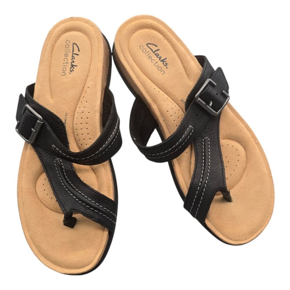 Women's CLARKS Brynn Madi BLACK Leather Thong Sandals Size 10M Strap Slide EUC